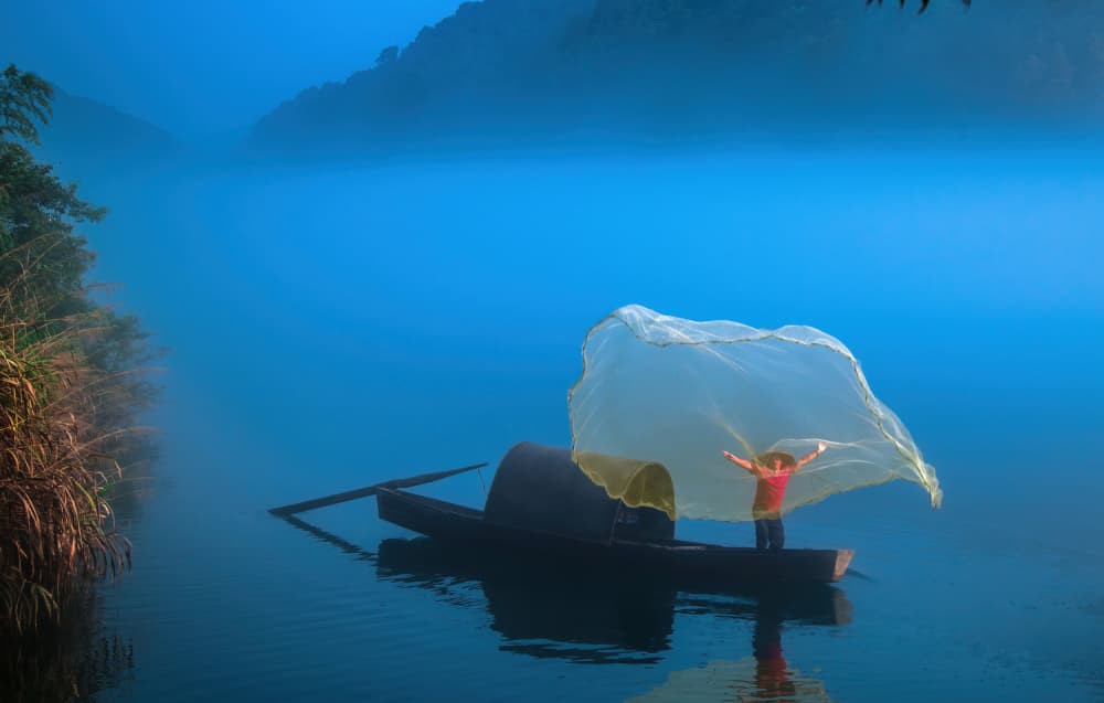 Fisherman In Morning Mist by Jie Jin — canvas wall art