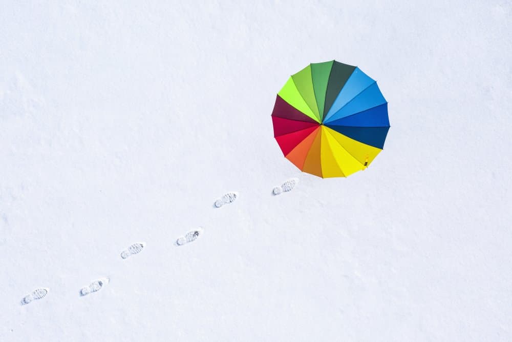 Rainbow Umbrella Snow Path by Kateryna Polishchuk — canvas wall art