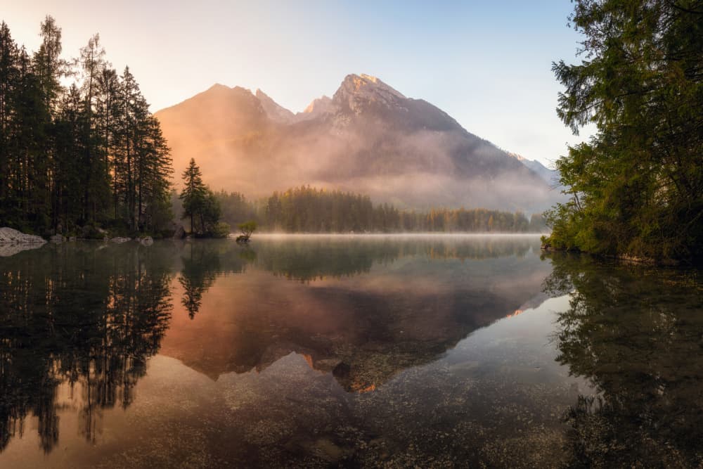 Misty Mountain Lake Sunrise by Daniel Gastager — canvas wall art