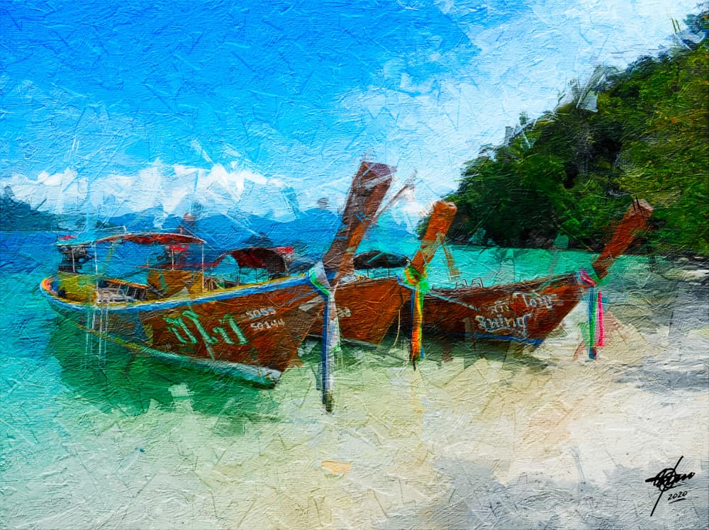 Serene Tropical Beach Boats by Osvaldo Russo — canvas wall art