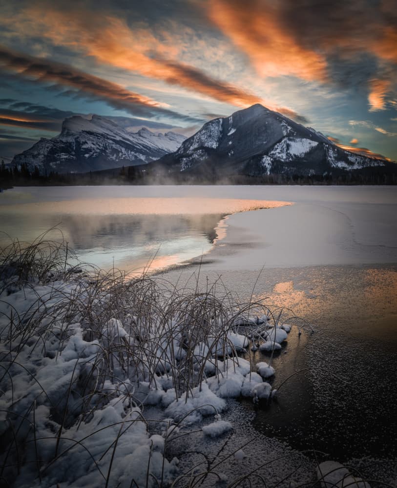 Winter Mountain Lake Sunrise by Bing Li — canvas wall art