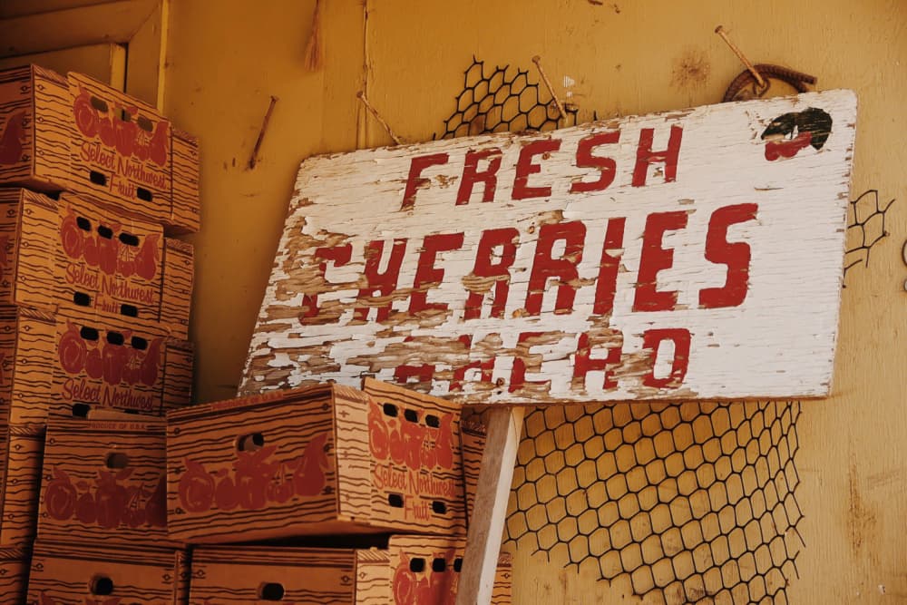 Fresh Cherries Market Sign by Del Mundo Imagery — canvas wall art