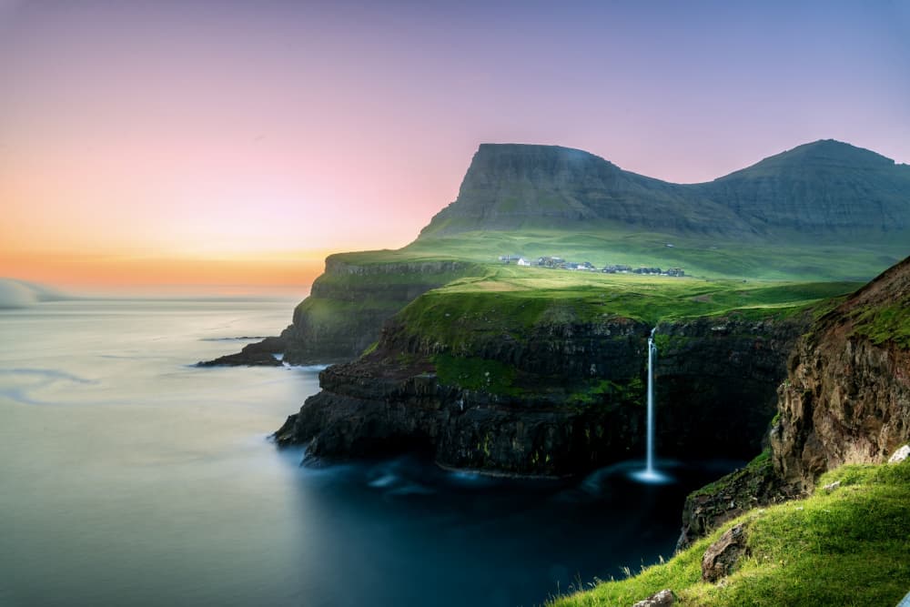 Faroe Islands Waterfall Sunset by Ariel Ling — canvas wall art