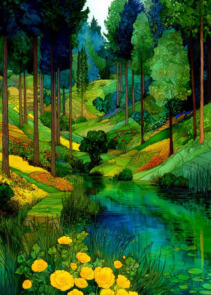 Vibrant Forest River Valley by Justyna Jaszke — canvas wall art