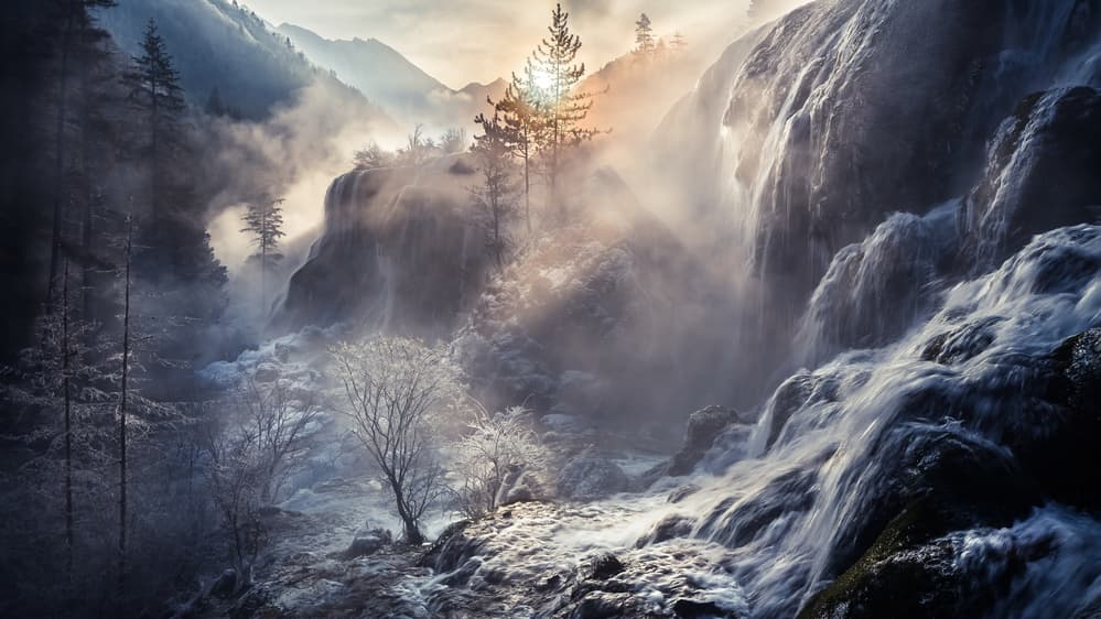 Misty Mountain Waterfall by qiye — canvas wall art