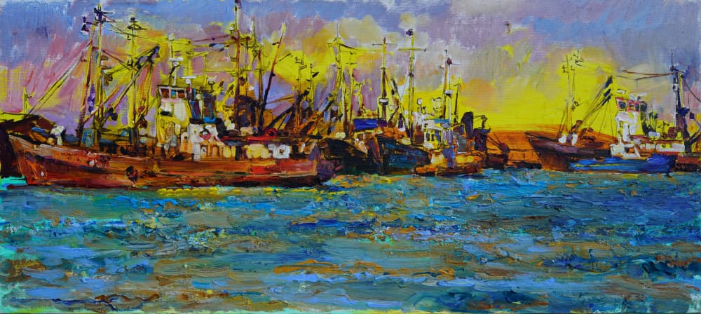 Sunset Fishing Boats by Andrii Kutsachenko — canvas wall art