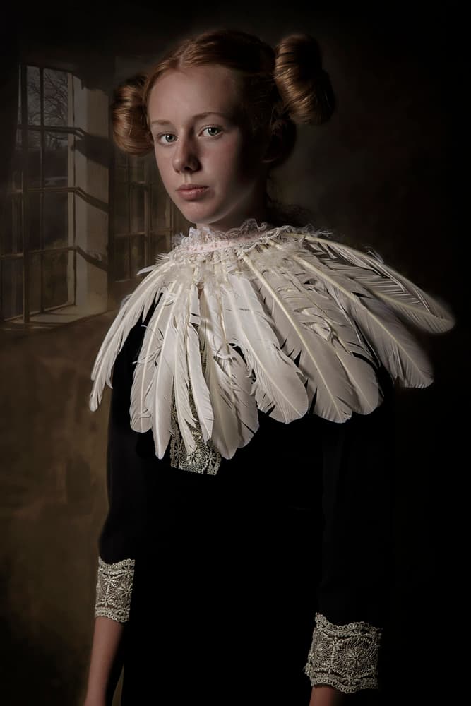 Redhead Girl Feather Portrait by Carola Kayen-Mouthaan — canvas wall art