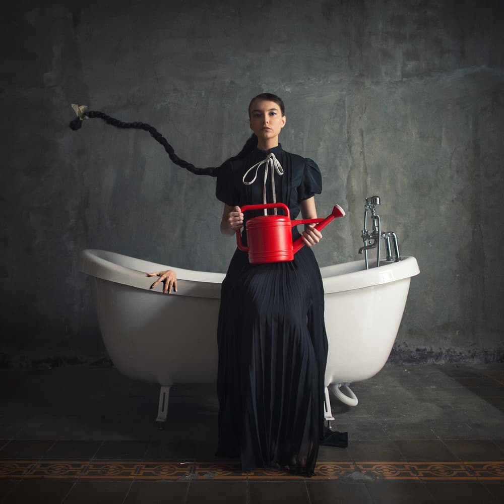 Woman Red Watering Can by hardibudi — canvas wall art