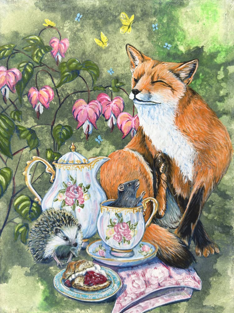 "Afternoon Tea" Fox Hedgehog and Mouse With Bleeding Heart Flowers By Renee Machan by Renee Machan Cottagecore Artist — canvas wall art