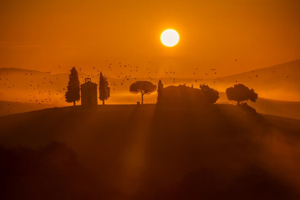Misty Tuscan Chapel Sunrise by Liz Fang — canvas wall art