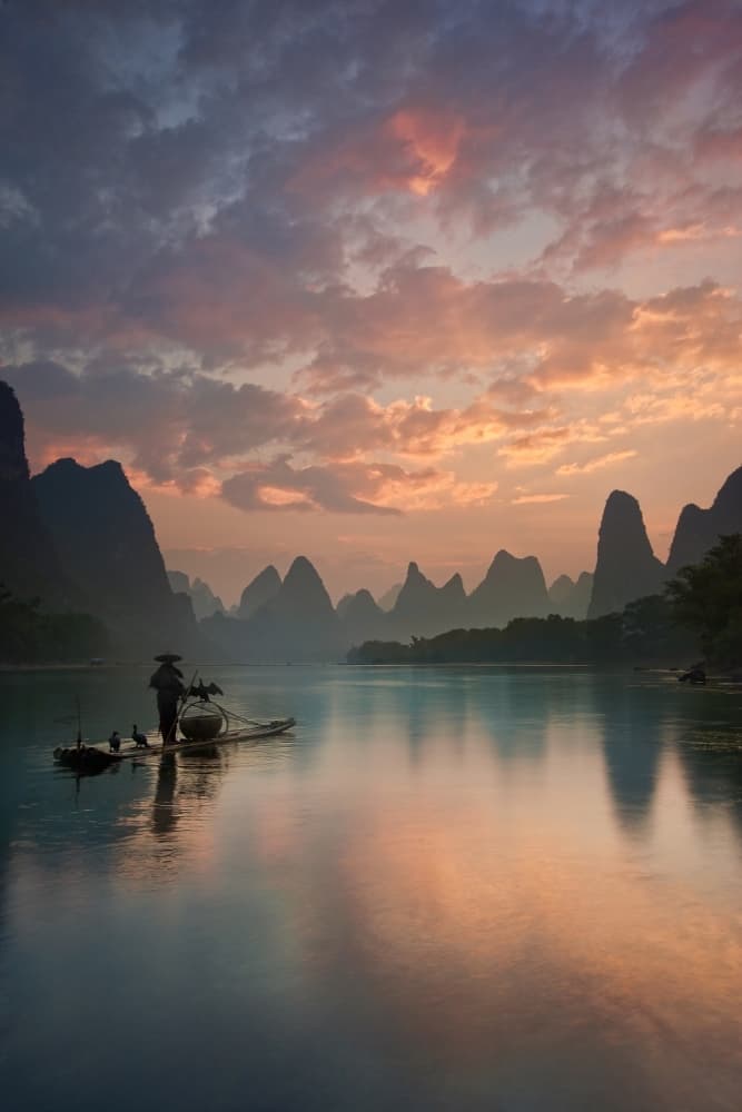 Cormorant Fisherman River Dawn by Yan Zhang — canvas wall art