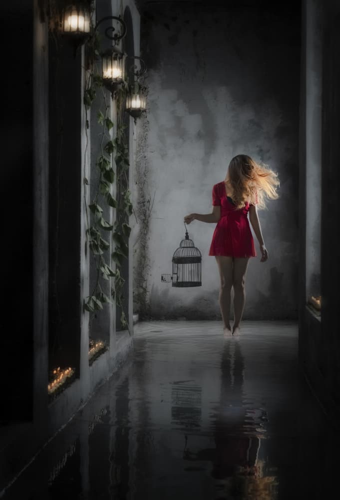 Woman With Empty Cage by Rini Widyantini — canvas wall art