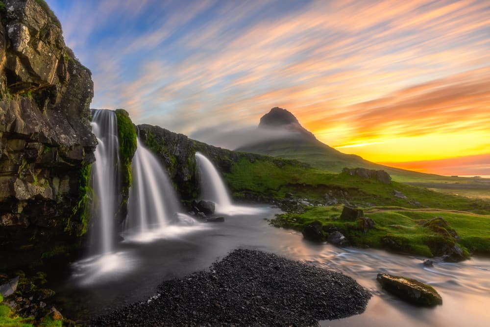 Kirkjufell Waterfalls Sunset by Jianshu — canvas wall art