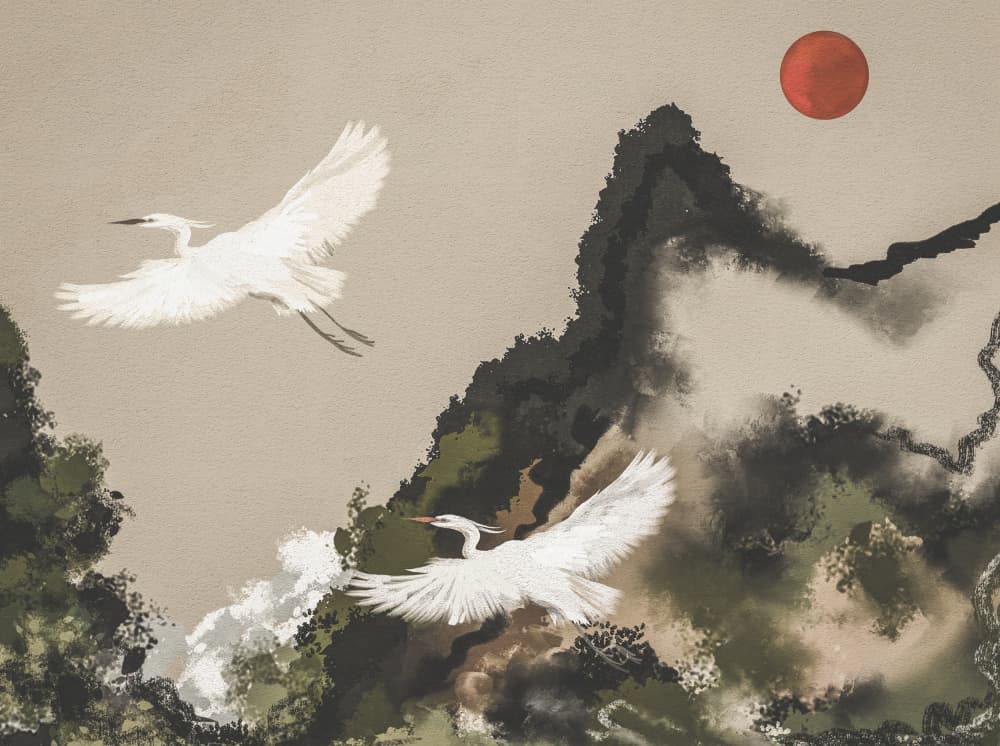 Red Sun Egret Flight by Josie George — canvas wall art