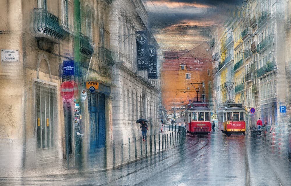 Rainy City Trams by C.S. Tjandra — canvas wall art
