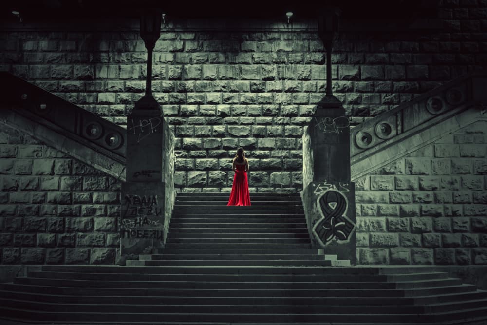 Red Dress Stone Steps by Deming W — canvas wall art