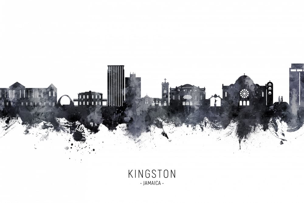 Kingston Jamaica Skyline Watercolor by Michael Tompsett — canvas wall art