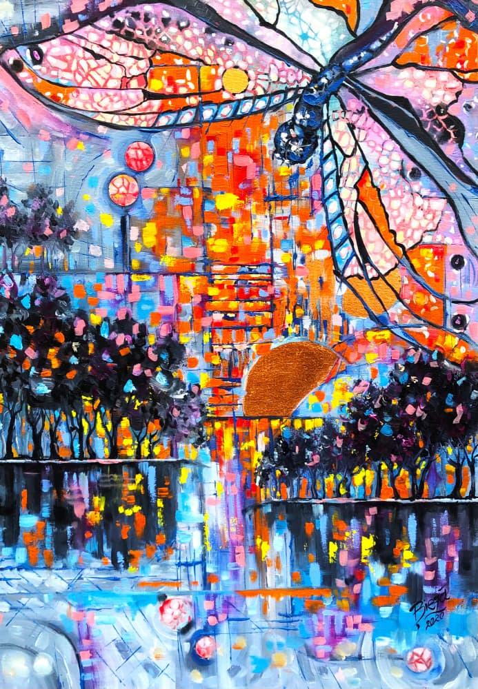 Vibrant City Dragonfly by Anda Bieza — canvas wall art