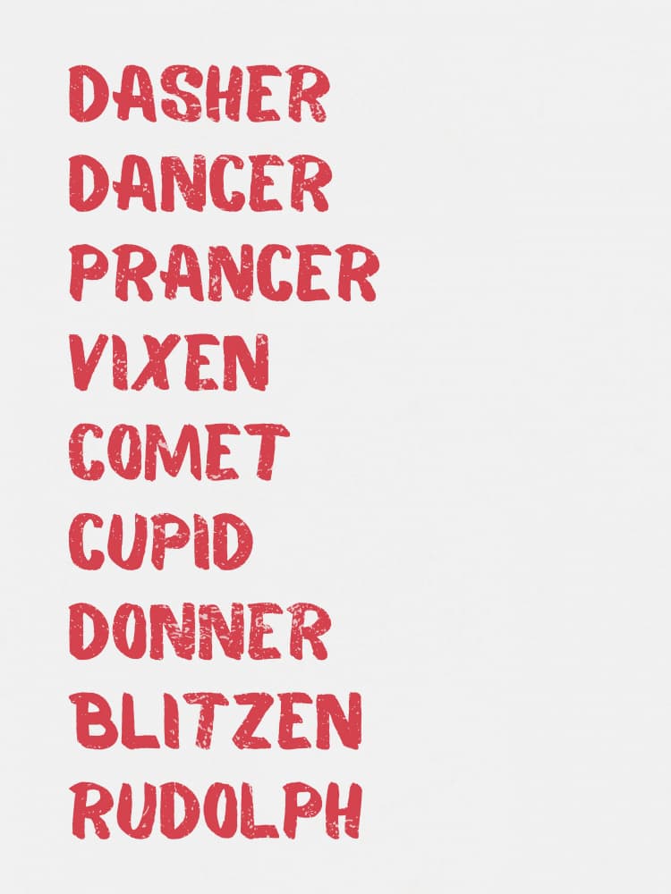 Reindeer Names - Red on White by Jolly and Dash — canvas wall art