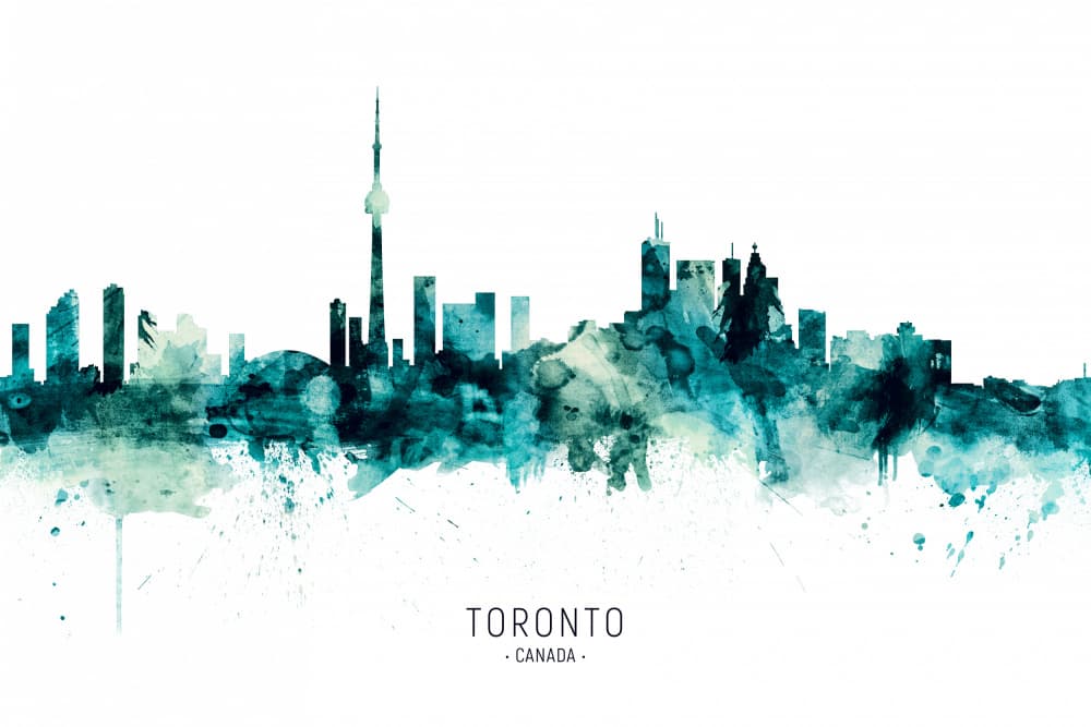 Toronto Teal Skyline Watercolor by Michael Tompsett — canvas wall art