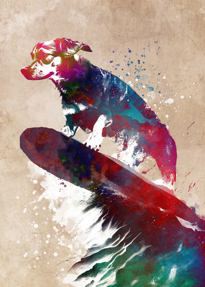 Surfing Dog Watercolor by Justyna Jaszke — canvas wall art