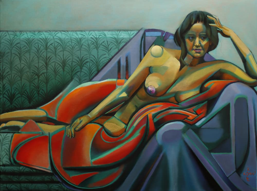 Vibrant Reclining Nude by Corné Akkers — canvas wall art