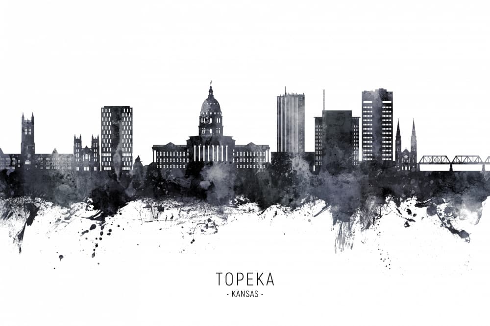 Topeka Skyline Watercolor by Michael Tompsett — canvas wall art