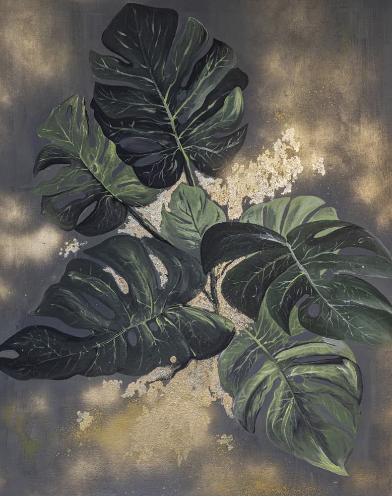 Golden Monstera Leaves by Anete Purina-Purite — canvas wall art
