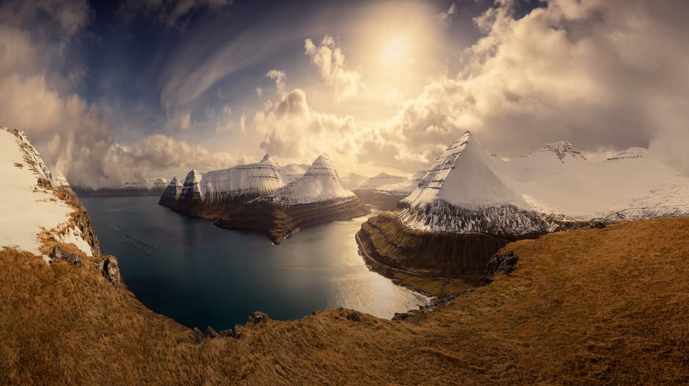 Golden Fjord Peaks by Jingshu Zhu — canvas wall art