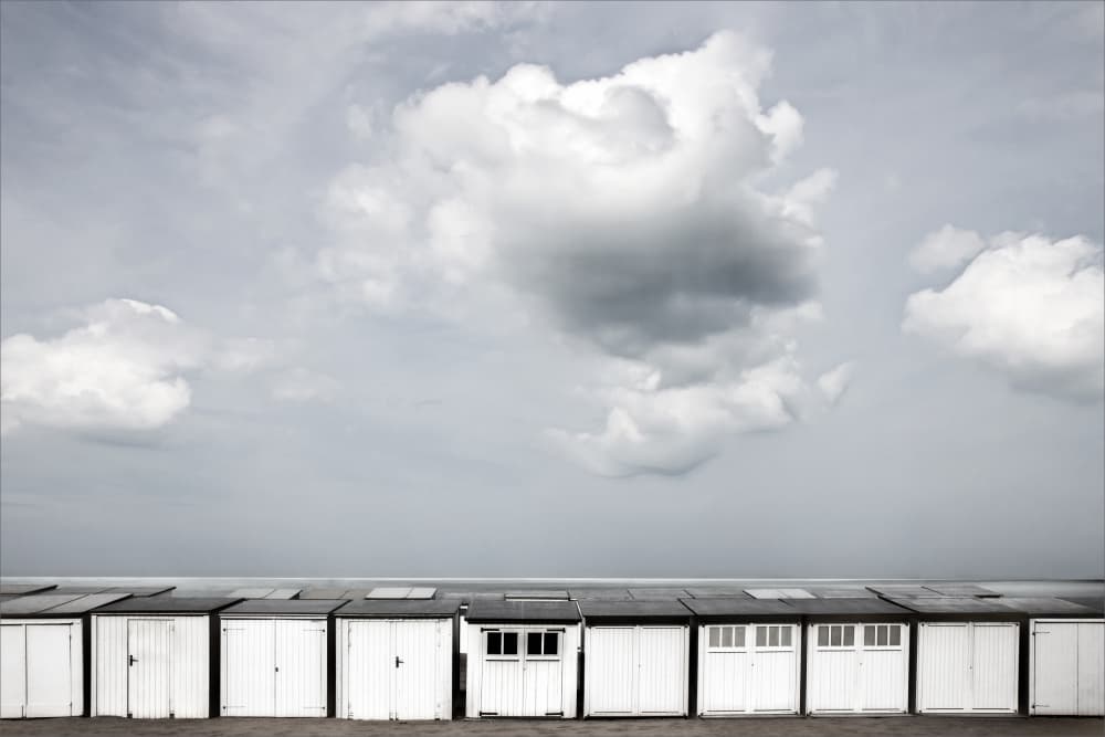 White Beach Huts Sky by Gilbert Claes — canvas wall art