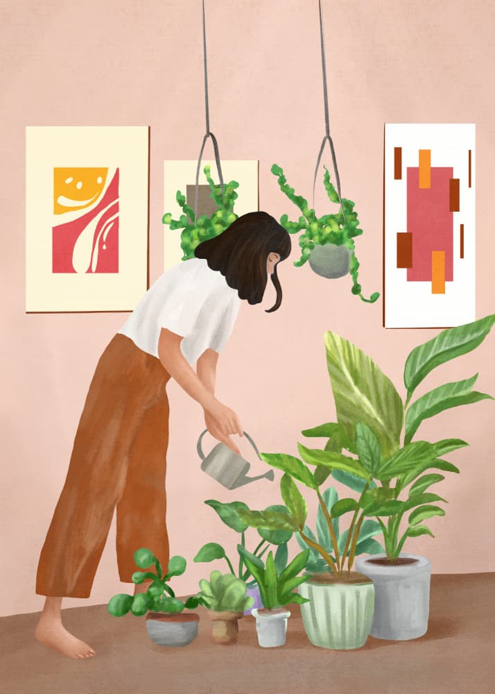 Woman Waters Houseplants by City Art — canvas wall art