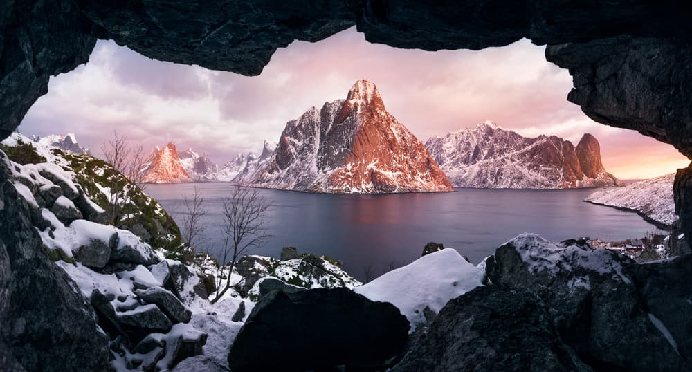 Winter Fjord Cave Sunset by David Martin Castan — canvas wall art