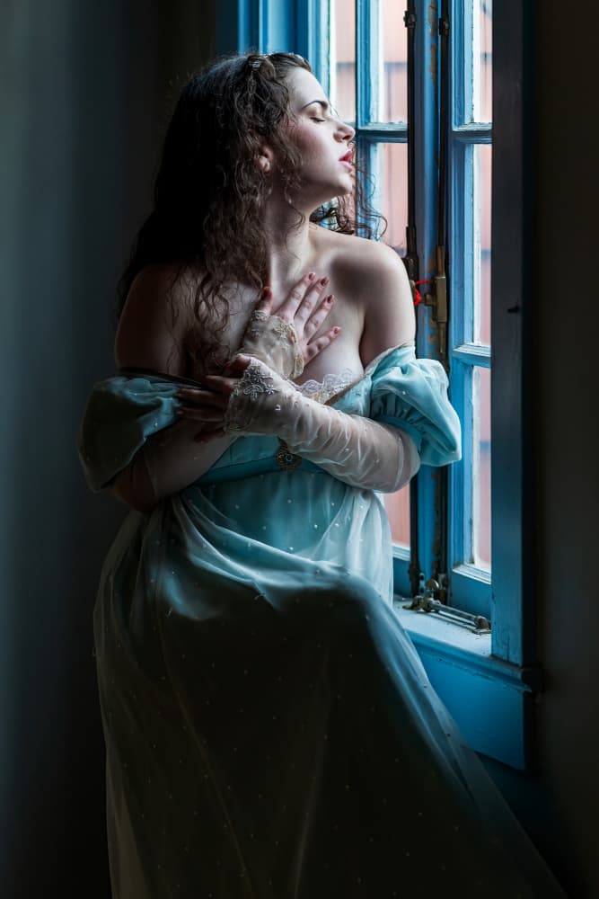 Romantic Woman Blue Window by Q Liu — canvas wall art