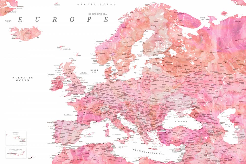 Pink Watercolor Europe Map by Rosana Laiz Blursbyai — canvas wall art