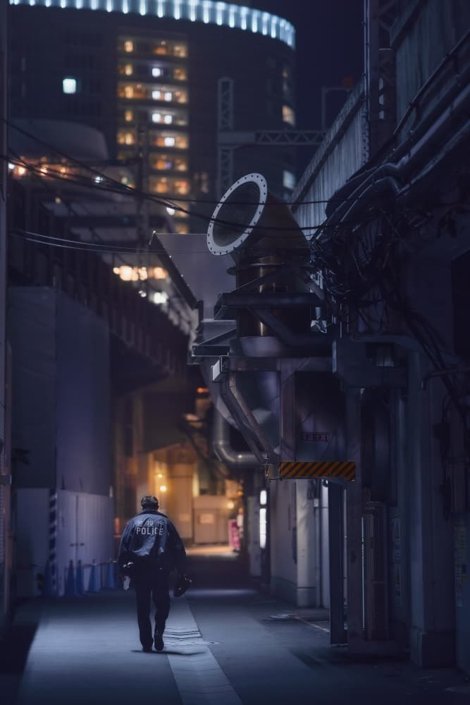 Police Night Alley by Javier de la Torre — canvas wall art