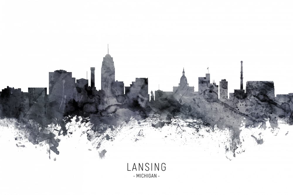 Lansing Michigan Watercolor Skyline by Michael Tompsett — canvas wall art