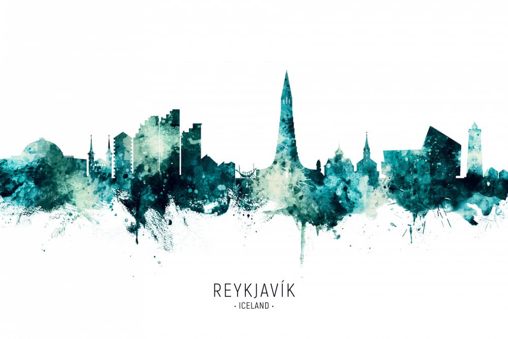Reykjavik Watercolor Skyline by Michael Tompsett — canvas wall art