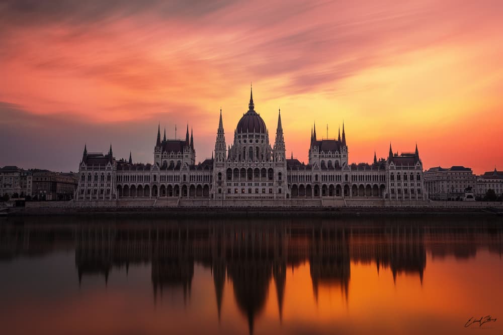 Budapest Parliament Sunset Reflection by Elaad Zolberg — canvas wall art