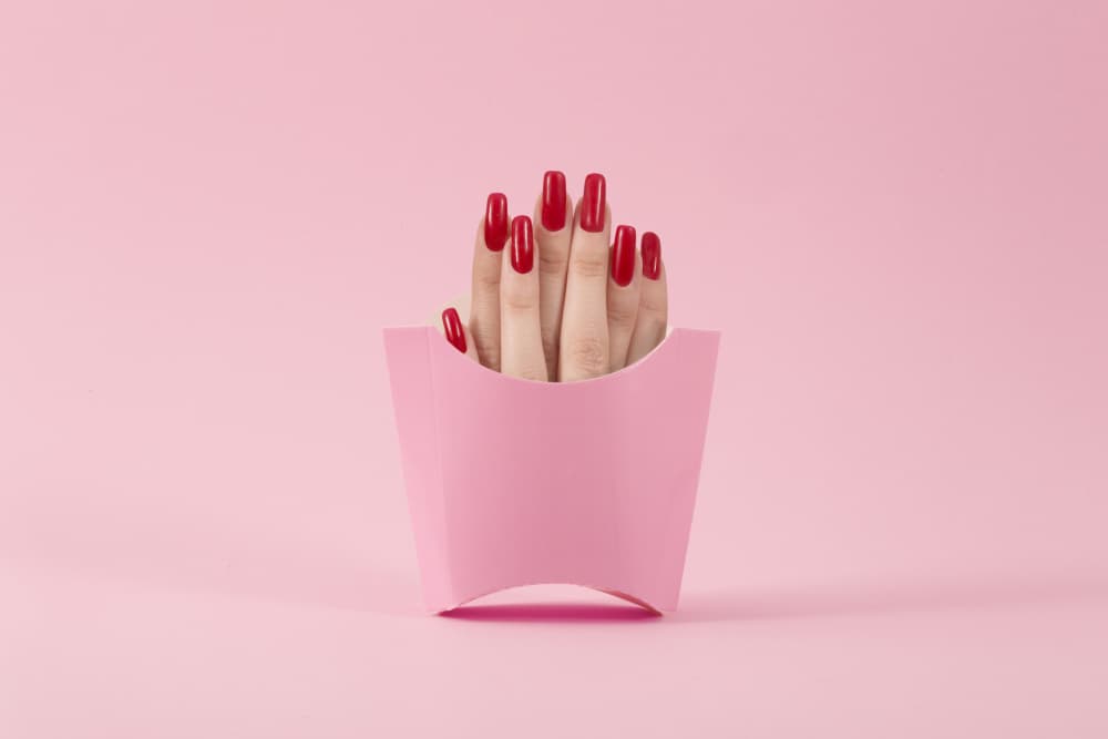 Red Nails Pink Box by Julia Ramiro — canvas wall art