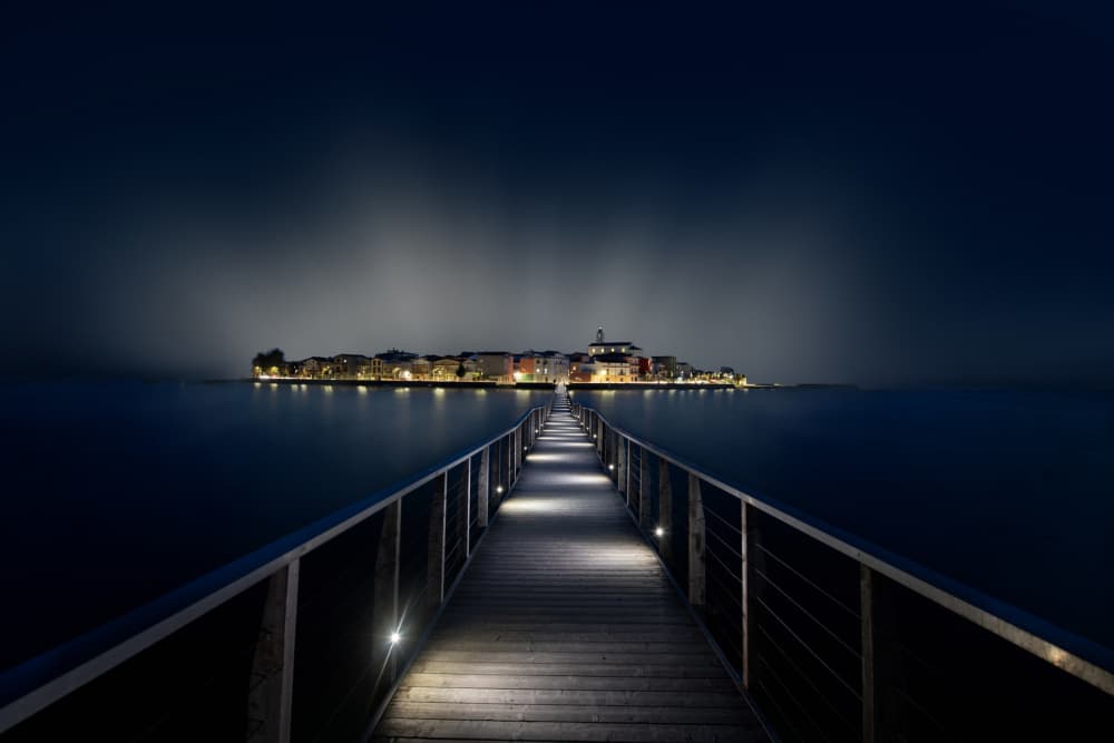 Night Pier To Island Town by Walter Caterina — canvas wall art