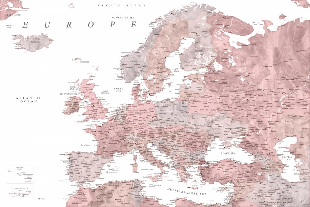 Blush Pink Europe Map by Rosana Laiz Blursbyai — canvas wall art