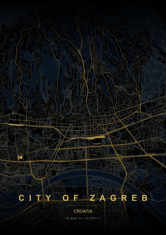 Golden Zagreb Map by HUGO — canvas wall art