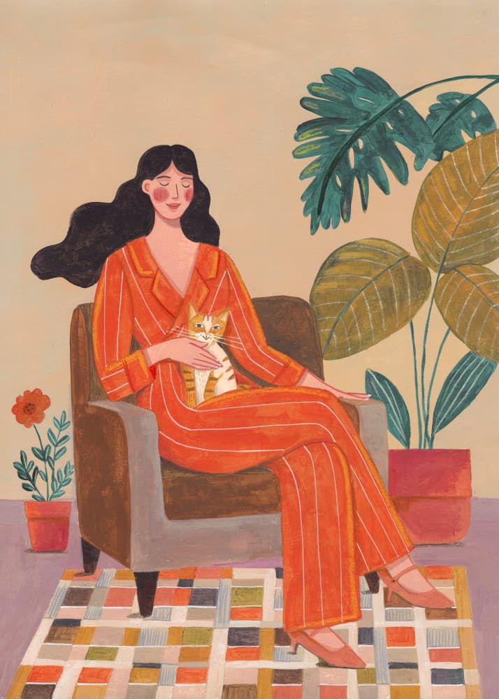 Woman with cat in living room with warm earth tones by Caroline Bonne Müller — canvas wall art