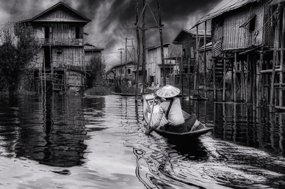 Monochrome River Journey by txules — canvas wall art