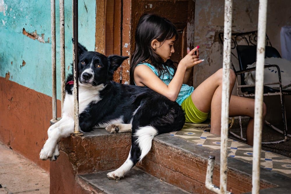 Curious Dog Watches Girl by Ina Tänzer — canvas wall art