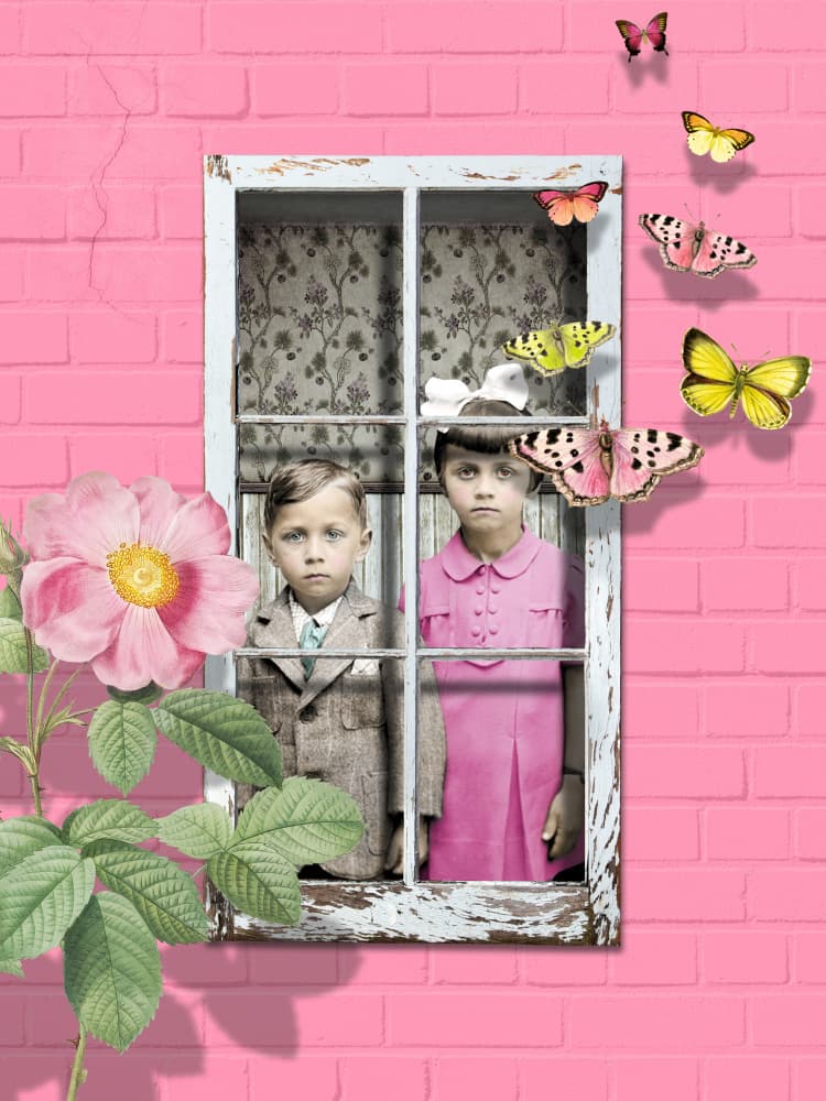 Children and Pink Butterflies by Marja van den Hurk — canvas wall art
