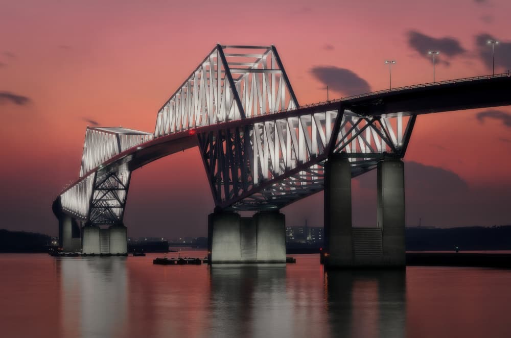 Illuminated Bridge at Dusk by Shigeharu — canvas wall art