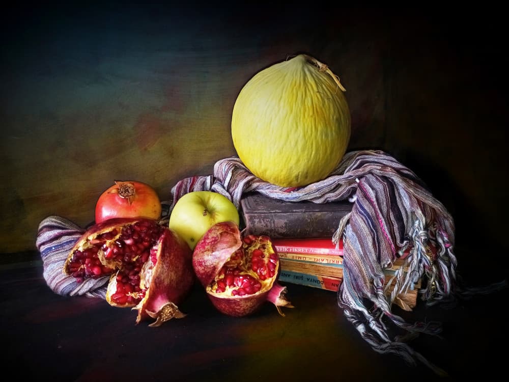 Harvest Fruit and Books by Emine Basa — canvas wall art