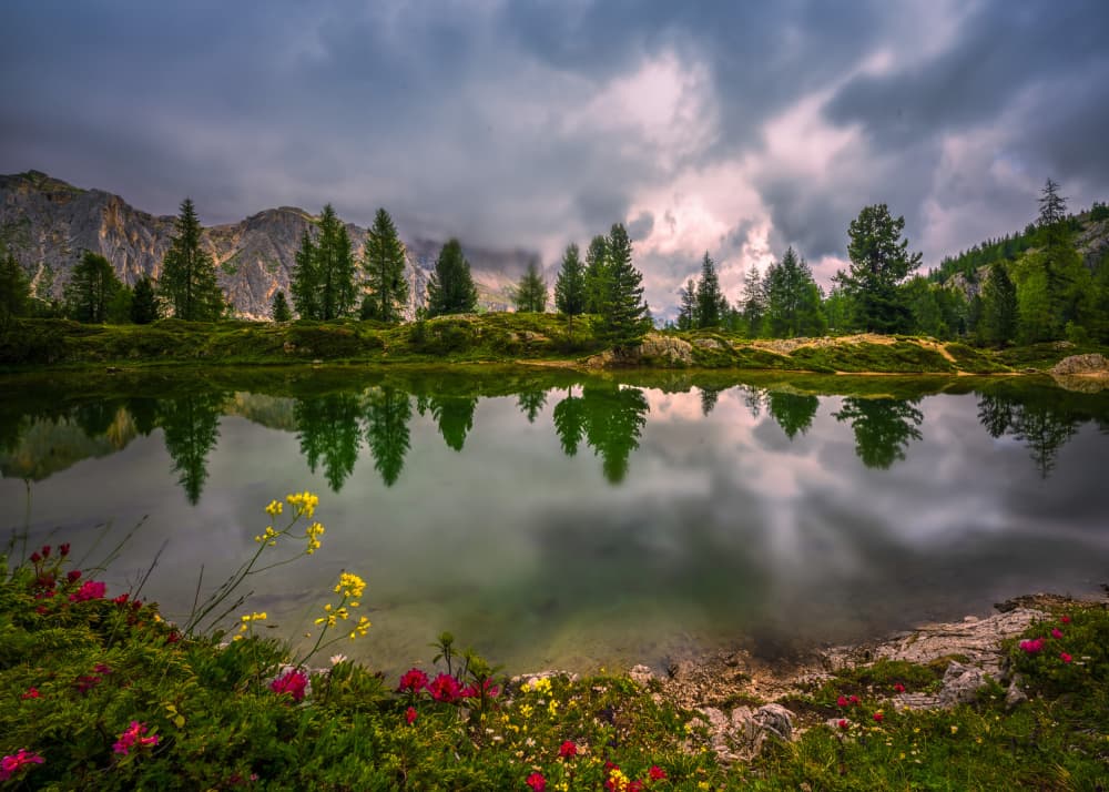 Cloudy Alpine Lake Reflection by Ti Wang — canvas wall art