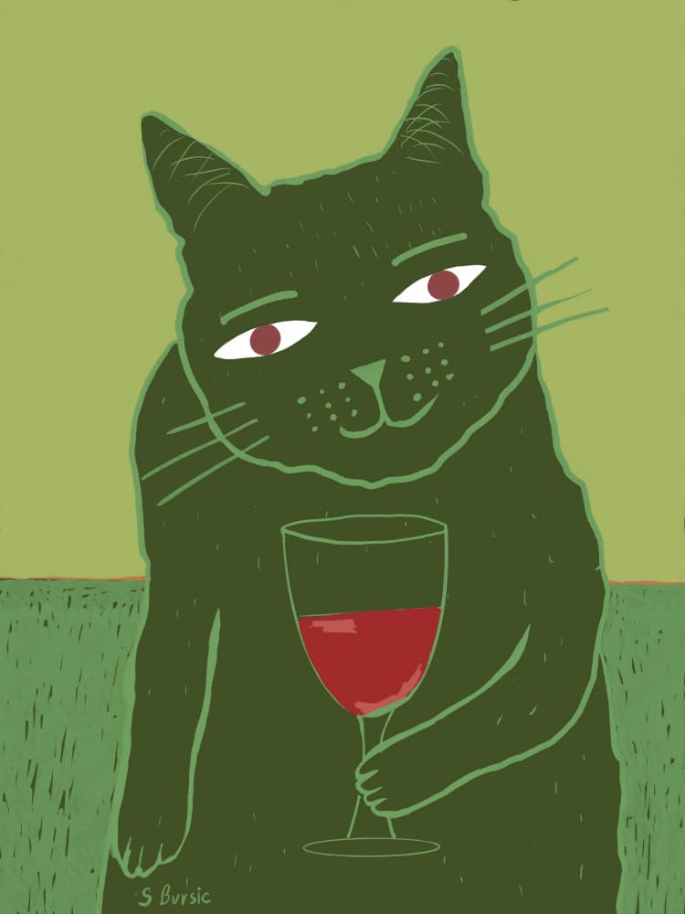 Whimsical Green Cat With Wine by Sharyn Bursic — canvas wall art